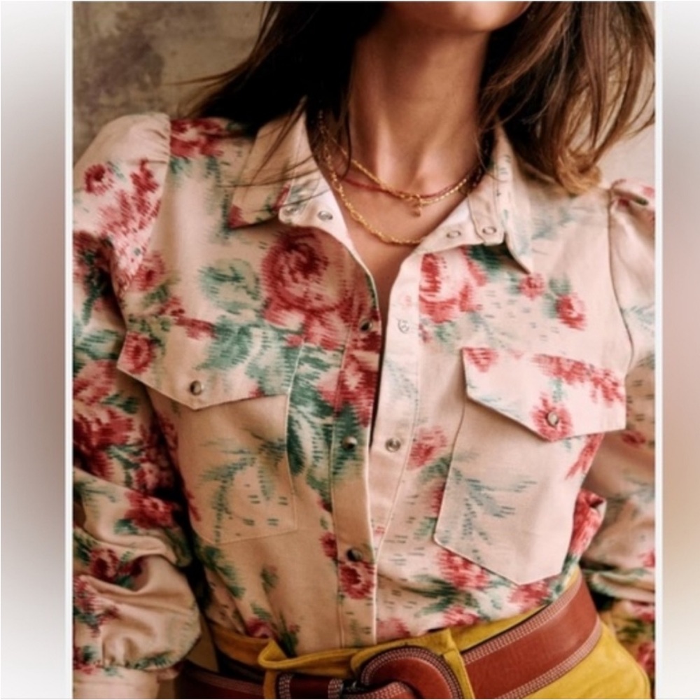 Sezane Claudia Snap Button Pink Long Sleeve Shirt Antique Flowers Sz 40 US